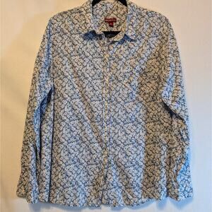 Merona Women's XL Fitted Long Sleeve Button Up Floral Shirt Blue White